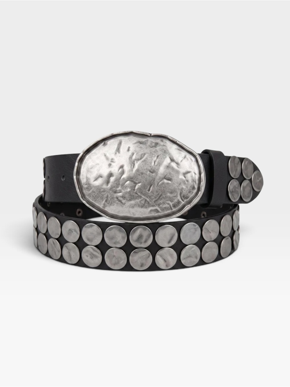Black Studded Leather Belt with Textured Silver Buckle